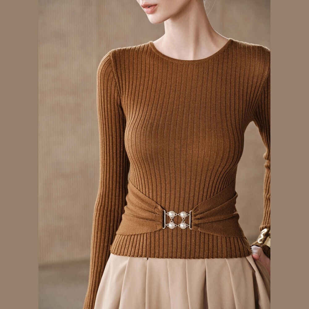 Camel Brown Ribbed Knit Pearl Hardware Detail Cinched Waist Sweater